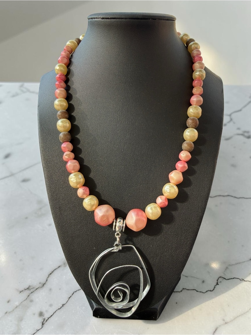 One of a Kind Wire Wrapped Rose Medallion Necklace Beaded Fairycore Coral Earthy